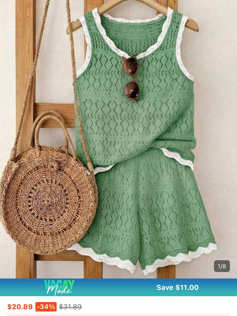 SHEIN Green Knit Crochet Tank Top and Shorts Set with White Trim